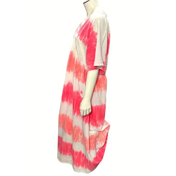 CCC Tie Dye Maxi Dress V Neck Short Sleeve Trendy Red White Stripes Cotton Hippi - Picture 2 of 6